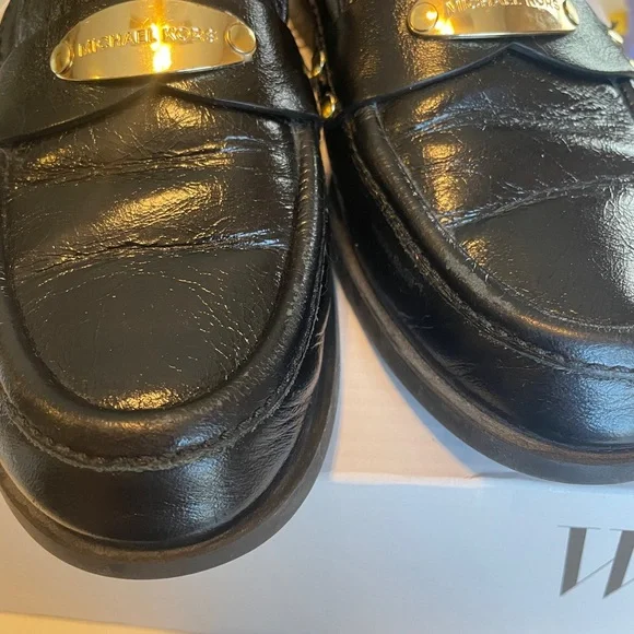 Michael Kors Black Leather Loafers Size 7M Gold Logo Slip-On Flats - Picture 6 of 8